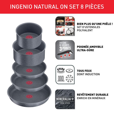 Set of 3 Tefal Ingenio Natural On 16 / 18 / 20 cm Saucepans + Removable Handle