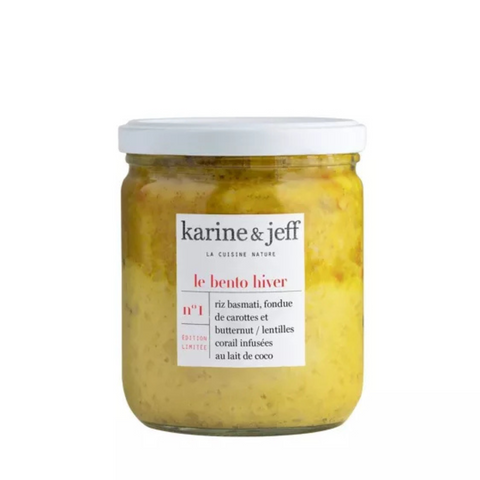 Riz basmati, fondue de carottes et butternut / lentilles corail infusées au lait de coco - BIO