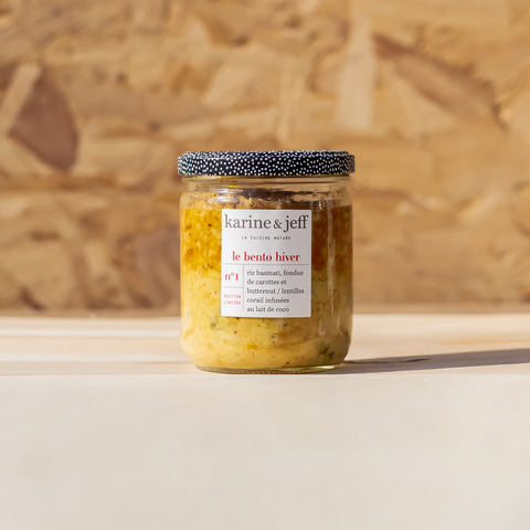 Riz basmati, fondue de carottes et butternut / lentilles corail infusées au lait de coco - BIO