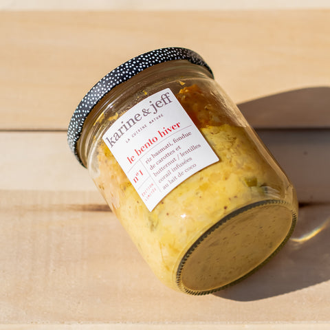 Riz basmati, fondue de carottes et butternut / lentilles corail infusées au lait de coco - BIO