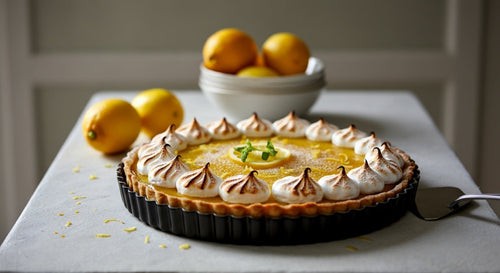 Délicieuse Tarte au citron de Menton vue de haut, photographie culinaire lumineuse sur fond clair pour magazine.