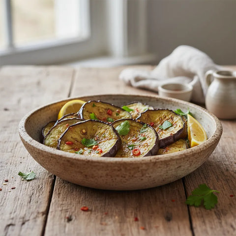 Aubergines fondantes et dorées à l'airfryer, un plat sain, facile et irrésistiblement savoureux.