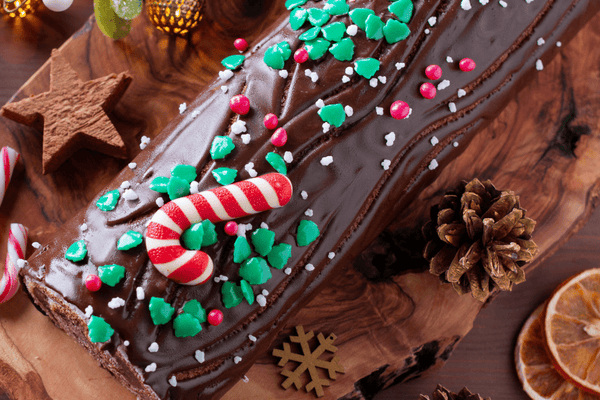 Pear and chocolate Christmas log