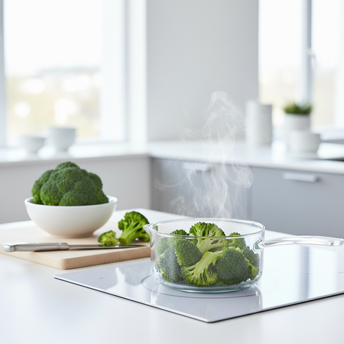 Brocolis frais, verts éclatants, en pleine cuisson. Tendres et croquants, ils parfument déjà la cuisine.
