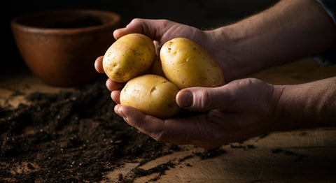 Pommes de terre bouillies, vapeur légère, peau lisse et chair moelleuse, prêtes à déguster.
