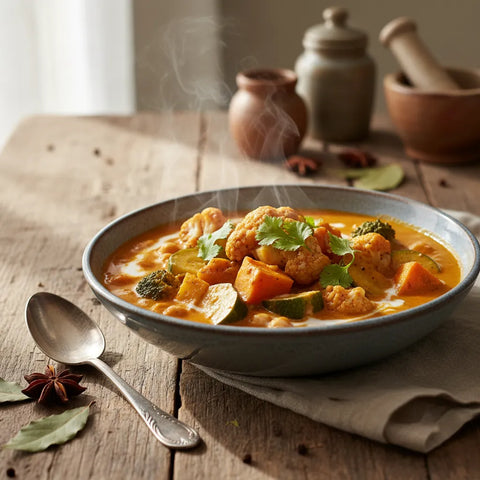 Curry de légumes crémeux Thermomix, aux épices indiennes et lait de coco. Un plat végétarien gourmand.