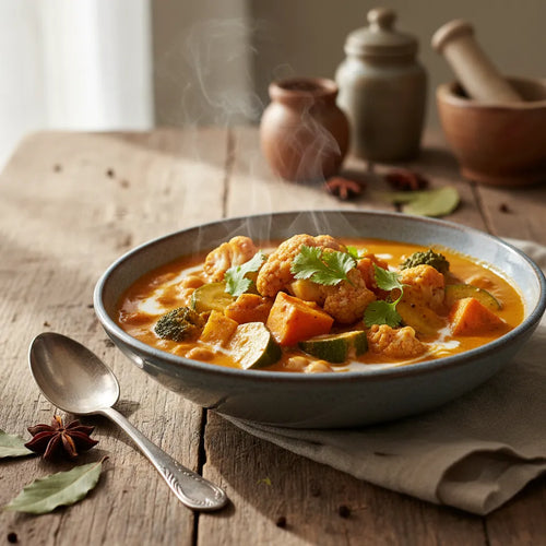 Curry de légumes crémeux Thermomix, aux épices indiennes et lait de coco. Un plat végétarien gourmand.