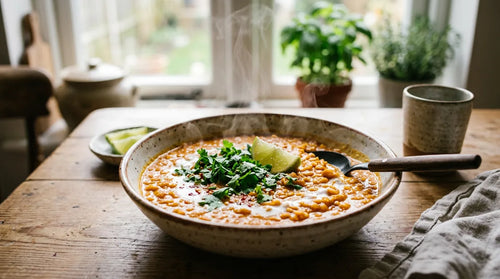 Curry de lentilles corail crémeux au lait de coco, plat vegan, avec coriandre fraîche.