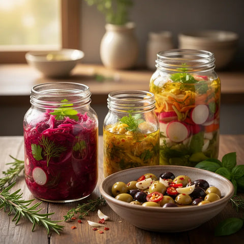 Légumes et condiments express fermentés, croquants, aux saveurs vives et acidulées.