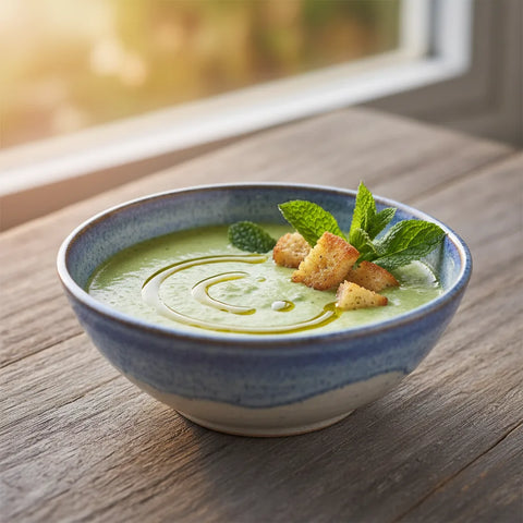 Bol de gaspacho vert éclatant, concombre croquant et menthe aromatique, une explosion de fraîcheur estivale.
