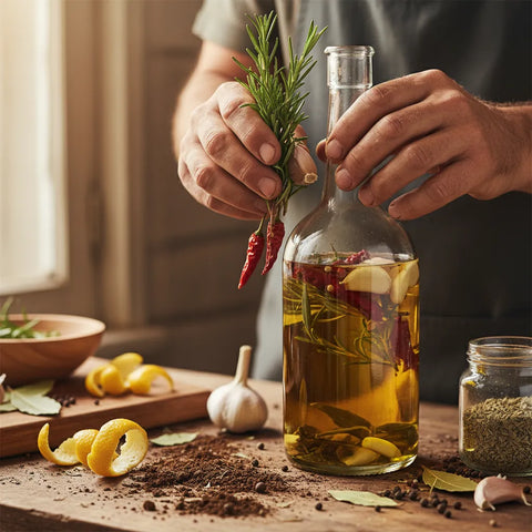 Huile d'olive maison infusée aux herbes du jardin, ail et piment. Saveurs méditerranéennes intenses.