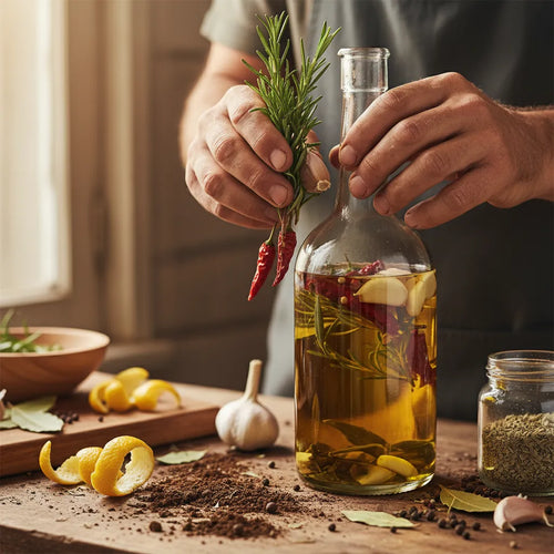 Huile d'olive maison infusée aux herbes du jardin, ail et piment. Saveurs méditerranéennes intenses.