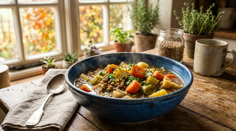 Potée végétarienne d'automne, un plat coloré de légumes racines, chou et légumineuses, servi chaud et fumant.