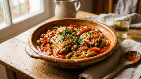 Poulet Basquaise réconfortant et facile au Thermomix, avec poulet, poivrons colorés et sauce tomate.