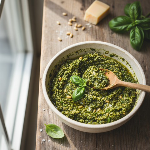 Pesto maison vibrant et onctueux réalisé au Thermomix. Un délice de basilic frais, pignons et parmesan pour toutes vos envies