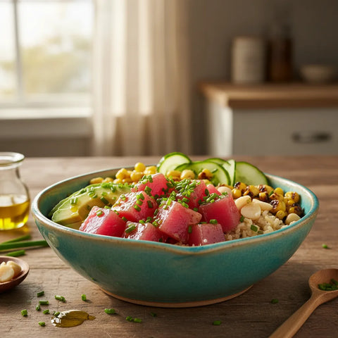 Recette de poke bowl maison: un délice frais et coloré avec saumon, avocat, riz et légumes croquants. Facile et gourmand.