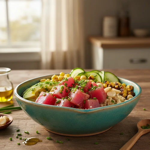 Recette de poke bowl maison: un délice frais et coloré avec saumon, avocat, riz et légumes croquants. Facile et gourmand.