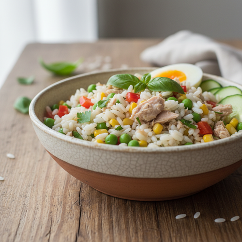 Salade de riz au thon, une explosion de fraîcheur. Maïs sucré, tomates juteuses, olives parfumées. Un régal estival !