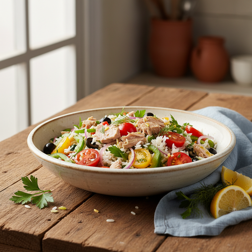 Salade de riz colorée et appétissante au thon, légumes croquants, maïs doré et olives noires. Un plat frais et équilibré.