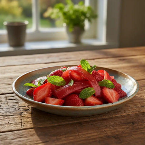 Salade fraîche de fraises juteuses et rhubarbe croquante, un festival de saveurs sucrées-acidulées pour l'été.