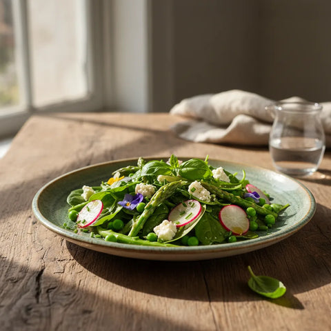 Salade printanière aux légumes croquants et colorés, herbes fraîches. Le goût du printemps dans l'assiette.