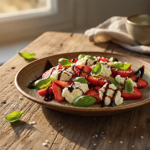 Salade fraîcheur : fraises juteuses, chèvre crémeux, basilic aromatique. Un délice estival sucré-salé.