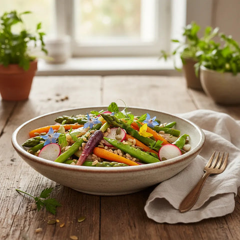 Salade de petit épeautre aux légumes de printemps croquants et colorés, un plat frais et gourmand.
