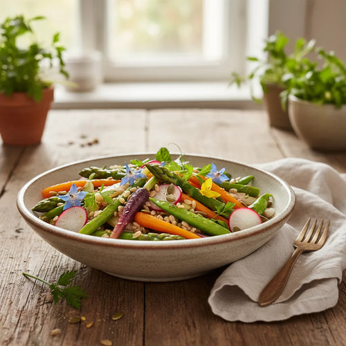 Salade de petit épeautre aux légumes de printemps croquants et colorés, un plat frais et gourmand.