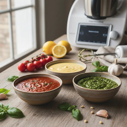 Variété de sauces maison, crémeuses et pleines de saveurs, préparées en un clin d'œil avec le Thermomix.