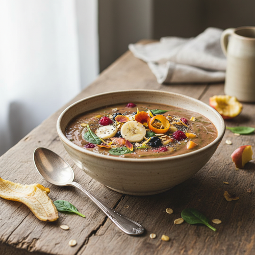 Smoothie anti-gaspi coloré et vitaminé, fait avec des fruits mûrs pour une boisson saine et zéro déchet.