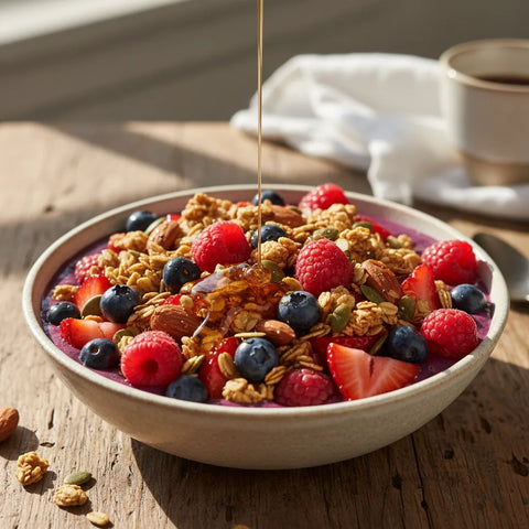 Smoothie bowls frais et fruités, ornés de baies, granola et chia. Un régal coloré et nutritif pour bien commencer la journée.