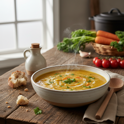 Bol fumant de soupe rapide Thermomix, onctueuse et parfumée aux légumes de saison, un repas express et savoureux.
