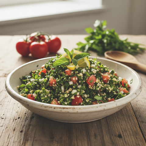 Recette de taboulé libanais : salade fraîche et parfumée, persil, menthe, tomates, boulgour. Un délice méditerranéen.