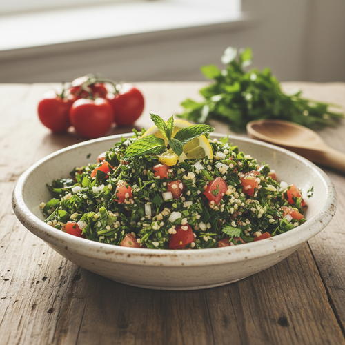 Recette de taboulé libanais : salade fraîche et parfumée, persil, menthe, tomates, boulgour. Un délice méditerranéen.