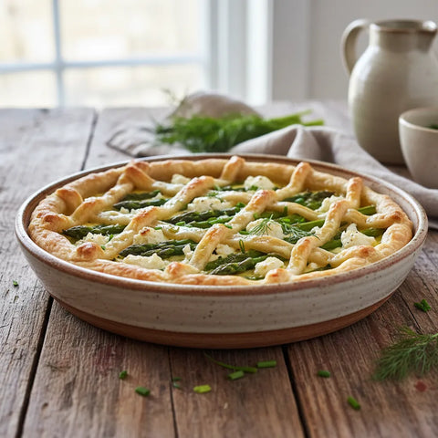 Délicieuse tarte printanière aux asperges fraîches et au chèvre crémeux sur une pâte dorée.