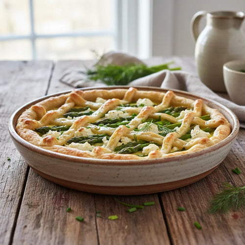 Délicieuse tarte printanière aux asperges fraîches et au chèvre crémeux sur une pâte dorée.