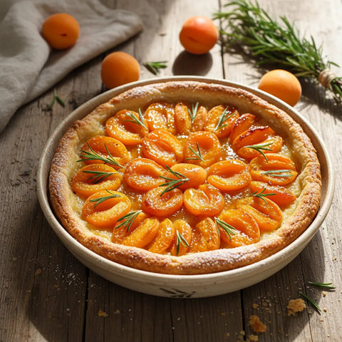 Tarte dorée aux abricots juteux et romarin frais, garniture parfumée. Un dessert estival gourmand aux saveurs fruitées.
