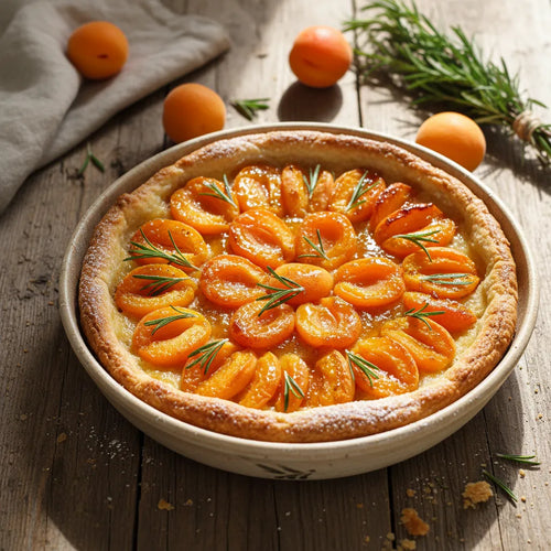 Tarte dorée aux abricots juteux et romarin frais, garniture parfumée. Un dessert estival gourmand aux saveurs fruitées.