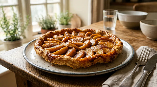 Tarte rustique pommes coings, dorée, bords pliés, garniture fruitée et fondante.