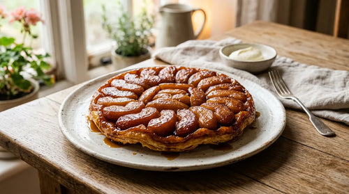 Tarte Tatin aux pommes dorées et caramel beurre salé. Pâte croustillante et brillante.