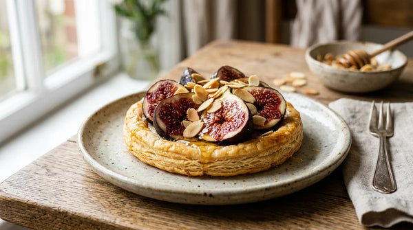 Tartelettes dorées aux figues juteuses, nappées de miel et parsemées d'amandes effilées. Douceur d'automne.