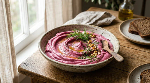Tartinade de betterave fumée, couleur vive et texture crémeuse, pour les apéritifs d'automne.