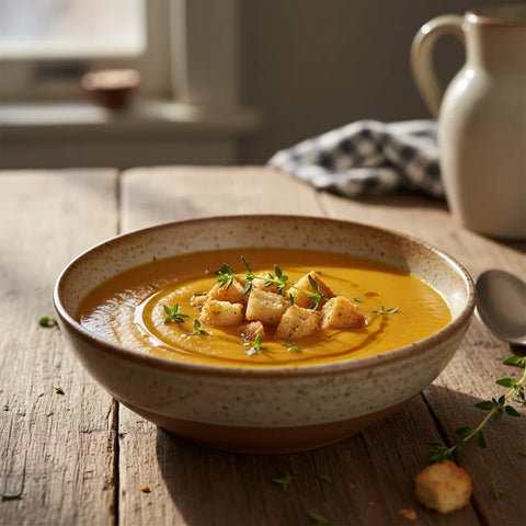 Velouté de potimarron rôti maison, crémeux et réconfortant, un délice d'automne.