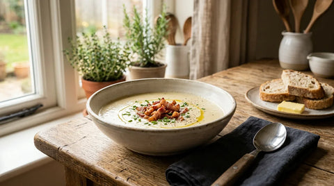 Velouté de salsifis crémeux, parsemé de lardons fumés croustillants.