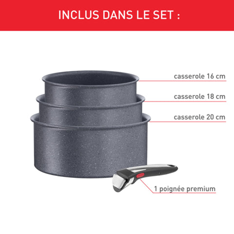 Set of 3 Tefal Ingenio Natural On 16 / 18 / 20 cm Saucepans + Removable Handle 