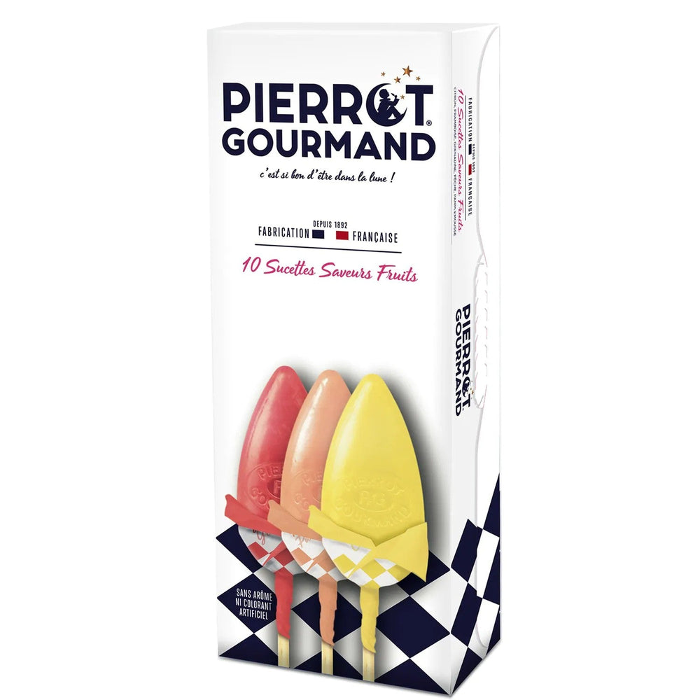 Boîte de 10 sucettes aux saveurs de fruits - Pierrot Gourmand - Confiserie - Livraison à domicile Nancy Metz