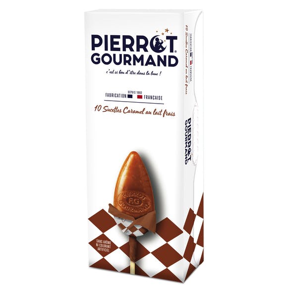Boîte de 10 sucettes caramel au lait frais - Pierrot Gourmand - Confiserie - Livraison à domicile Nancy Metz